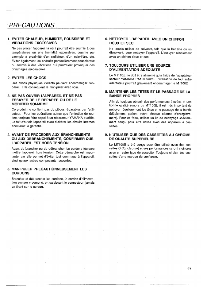 Precautions | Yamaha MT100II User Manual | Page 28 / 80