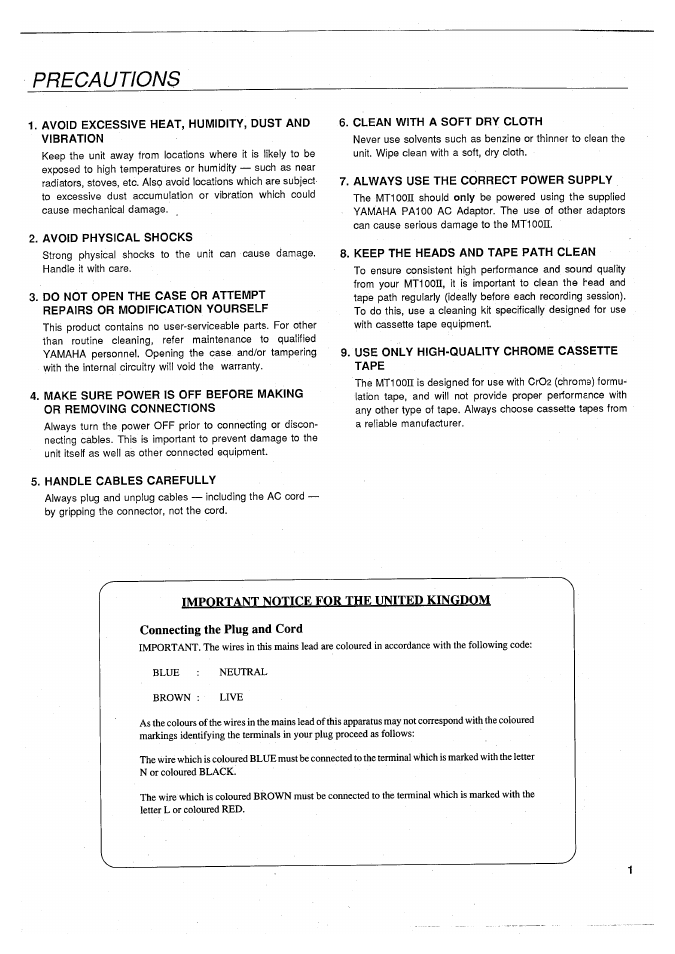 Precautions | Yamaha MT100II User Manual | Page 3 / 80