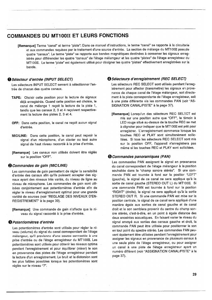 Osélecteur d’entrée (input select), Commandes de gain (mic/line), Potentiomètres d’entrée | O sélecteurs d’enregistrement (rec select), Commandes panoramiques (pan), Commandes du мт100п et leurs fonctions | Yamaha MT100II User Manual | Page 30 / 80