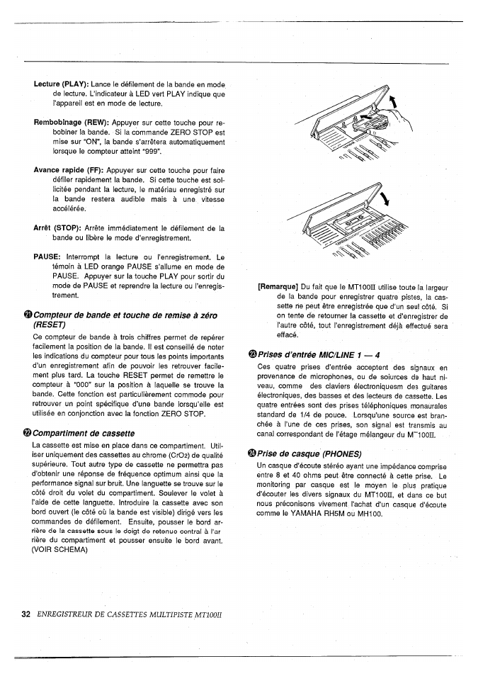 Compartiment de cassette, Prises d’entrée mtc/une 1— 4, Prise de casque (phones) | Yamaha MT100II User Manual | Page 33 / 80