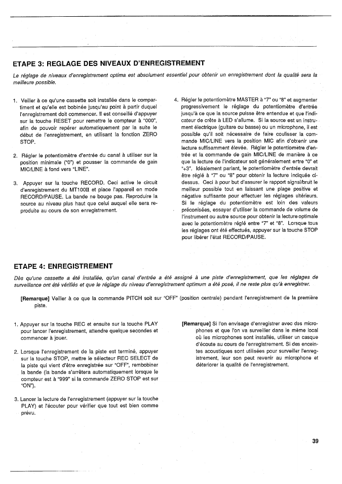 Etape 3: reglage des niveaux d’enregistrement, Etape 4: enregistrement | Yamaha MT100II User Manual | Page 40 / 80
