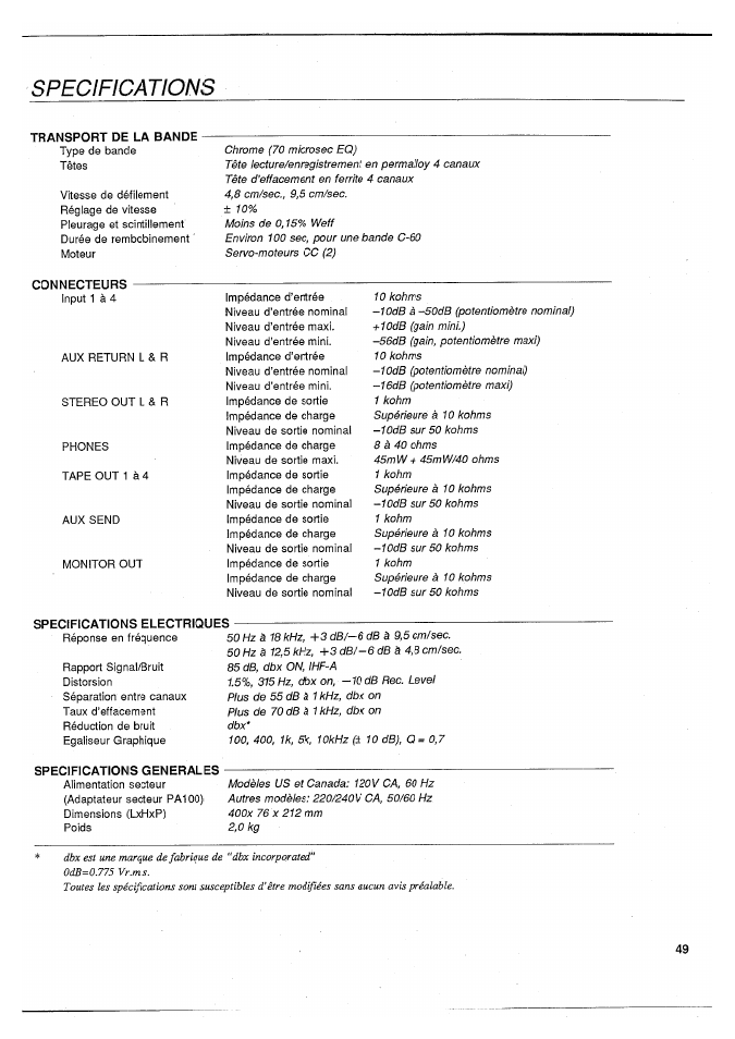 Specifications, Transport de la bande, Specifications electriques | Specifications generales | Yamaha MT100II User Manual | Page 50 / 80