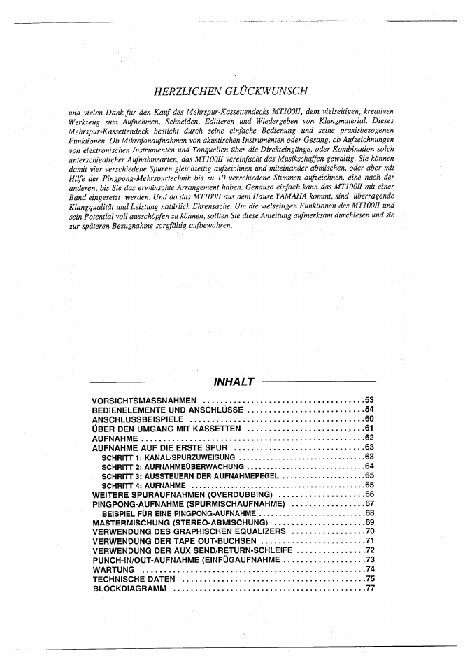 Inhalt, Herzlichen glückwunsch | Yamaha MT100II User Manual | Page 52 / 80