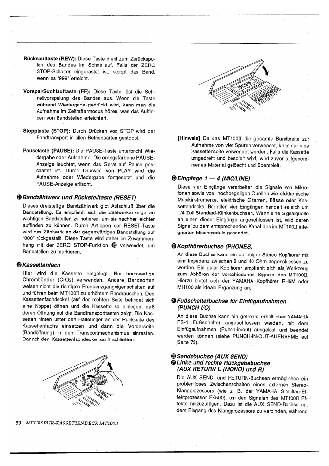 Bandzählwerk und rückstelltaste (reset), Kassettenfach, Eingänge 1 — 4 (mic/line) | Kopfhörerbuchse (phones), Fußschalterbuchse für einfügaufnahmen (punch i/0), Sendebuchse (aux send) | Yamaha MT100II User Manual | Page 58 / 80