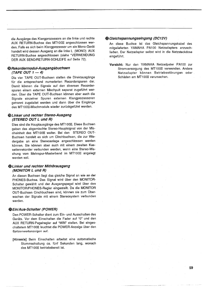 Rekordermodul-ausgangsbuchsen (tape out 1 — 4), Linker und rechter mithörausgang (monitor l und r), Ein/aus-schalter (power) | Gleichspannungseingang (dc12v) | Yamaha MT100II User Manual | Page 59 / 80