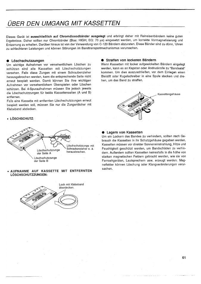 Löschschutzzungen, Straffen von lockeren bändern, Lagern von kassetten | Über den umgang mit kassetten | Yamaha MT100II User Manual | Page 61 / 80