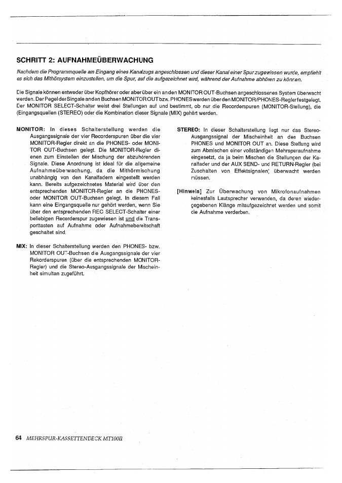 Schritt 2: aufnahmeüberwachung, Schritt 2; aufnahmeüberwachung | Yamaha MT100II User Manual | Page 64 / 80