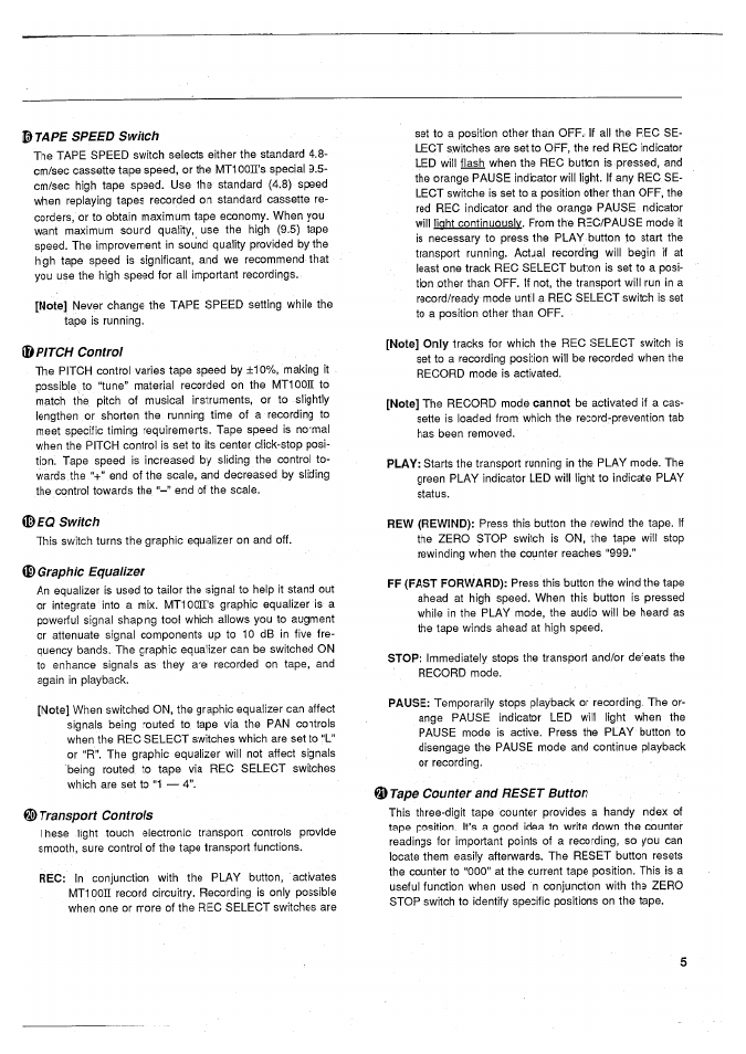 Tape speed switch, Ib pitch control, Eq switch | Graphic equalizer, Transport controls, Ф tape counter and reset button, Using the graphic equalizer | Yamaha MT100II User Manual | Page 7 / 80