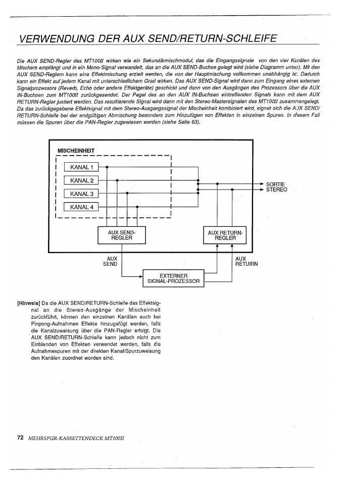 Verwendung der aux send/return-schleife | Yamaha MT100II User Manual | Page 72 / 80