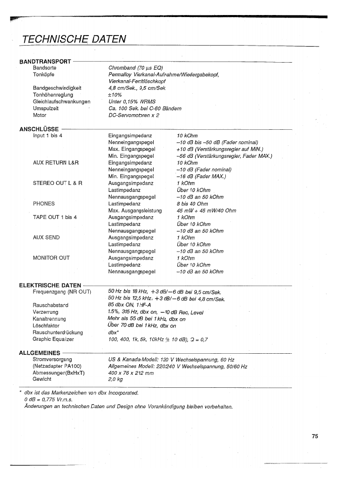 Technische daten | Yamaha MT100II User Manual | Page 75 / 80