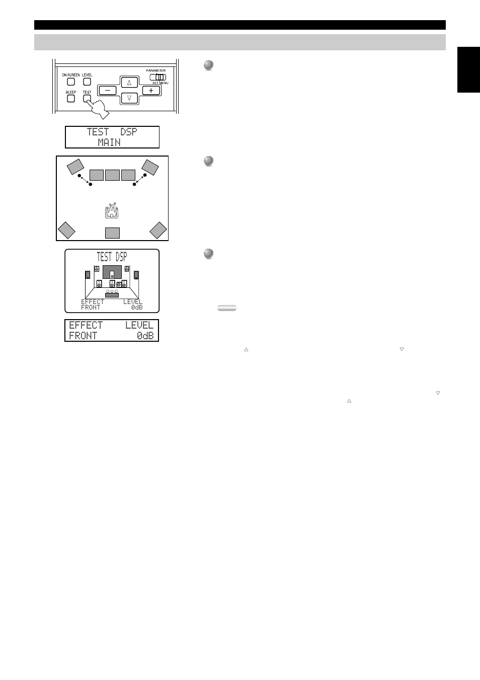 Dsp test, Test dsp, Test dsp main | Effect level front 0db | Yamaha RXV3000RDS User Manual | Page 25 / 78