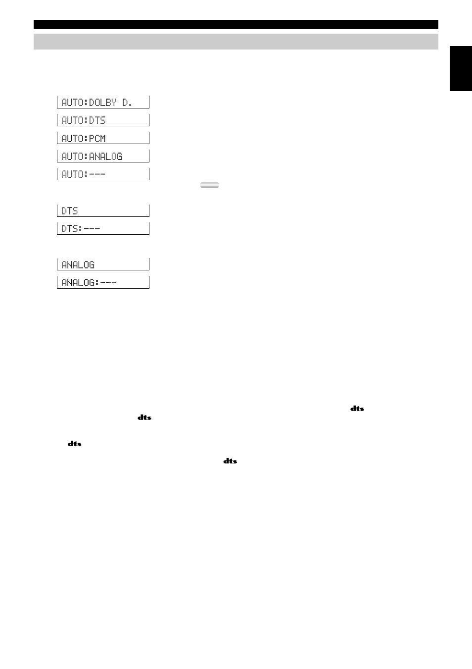Input modes and indications, Auto:dolby d. auto:dts auto:pcm auto:analog auto, Dts dts | Analog analog | Yamaha RXV3000RDS User Manual | Page 29 / 78