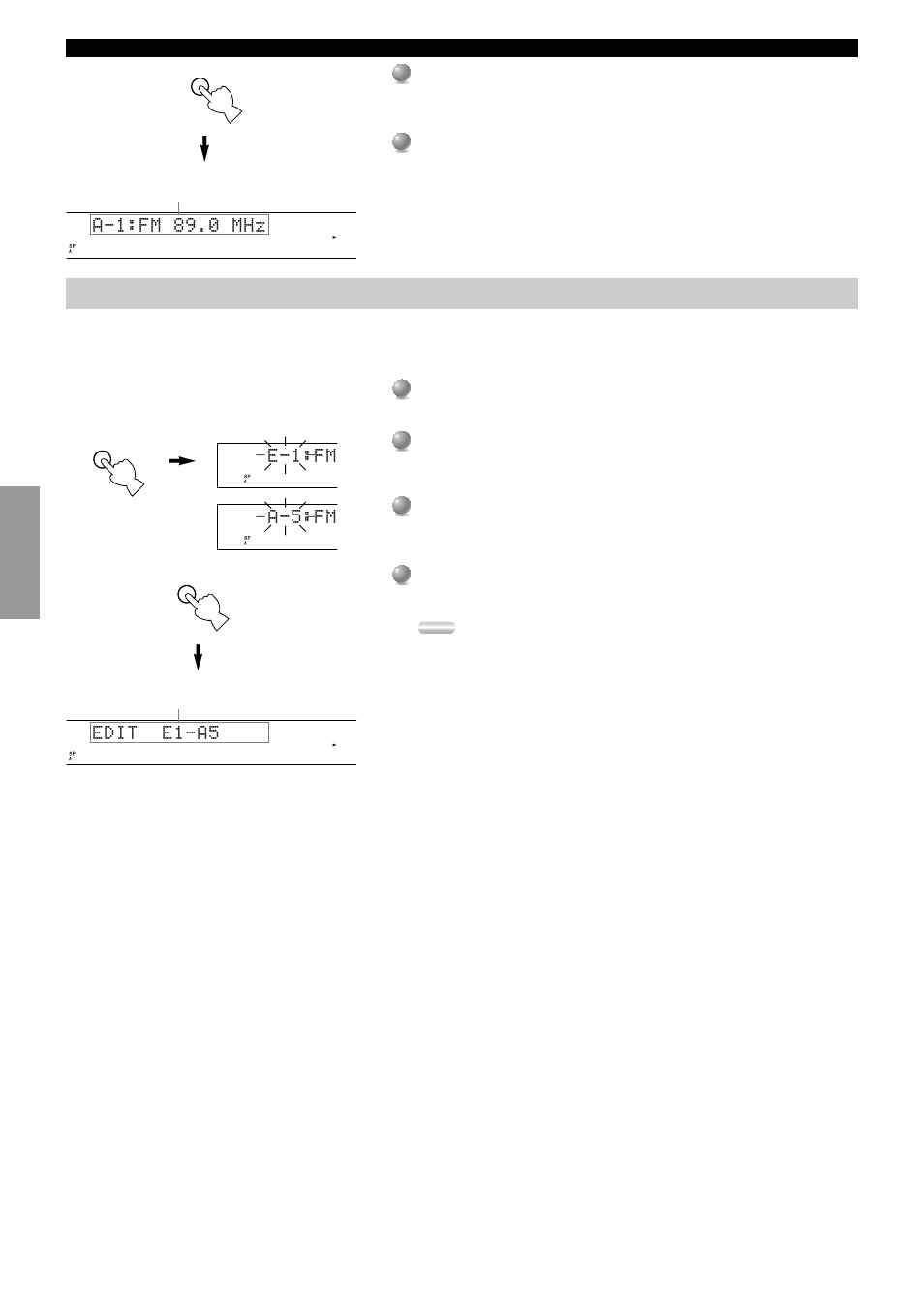 Exchanging preset stations, A-1:fm 89.0 mhz, E-1:fm a-5:fm | Edit e1-a5 | Yamaha RXV3000RDS User Manual | Page 34 / 78