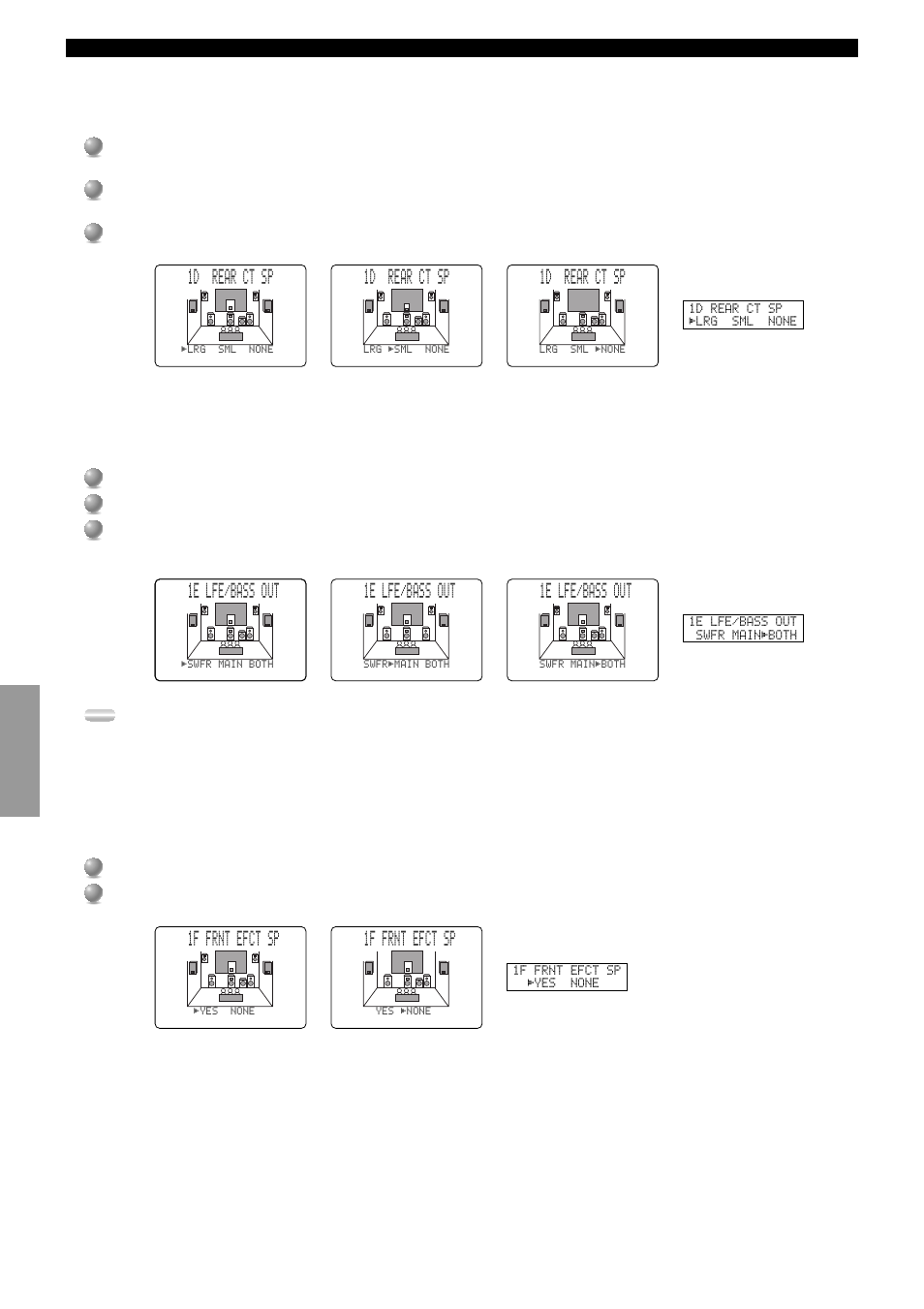 1d rear ct sp, 1e lfe/bass out, 1f frnt efct sp | 1d. rear ct sp (rear center speaker mode), 1e. lfe/bass out (bass output mode), 1f. frnt efct sp (front effect speaker mode) | Yamaha RXV3000RDS User Manual | Page 42 / 78