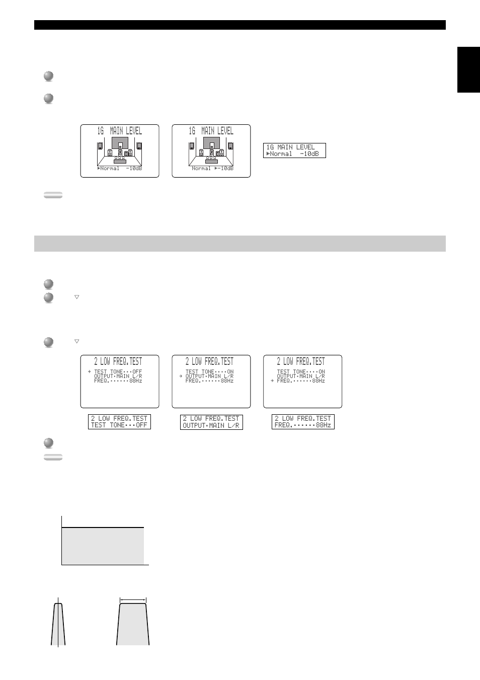 Low freq. test, 1g main level, 2 low freq.test | 1g. main level, About the test tone | Yamaha RXV3000RDS User Manual | Page 43 / 78