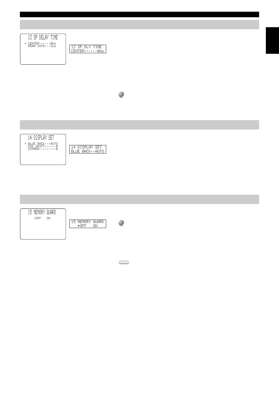 Sp delay time, Display set, Memory guard | 13 sp delay time, 14 display set, Blue back > auto/off, Osd shift, Dimmer | Yamaha RXV3000RDS User Manual | Page 47 / 78