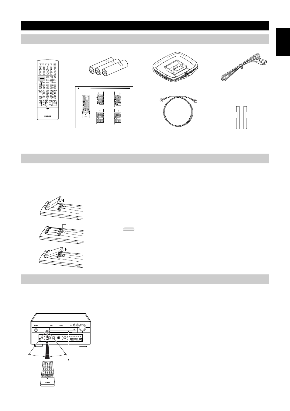 Getting started checking the package contents, Checking the package contents, Installing batteries in the remote control | Using the remote control, 3getting started checking the package contents, About changing batteries, About handling the remote control | Yamaha RXV3000RDS User Manual | Page 5 / 78