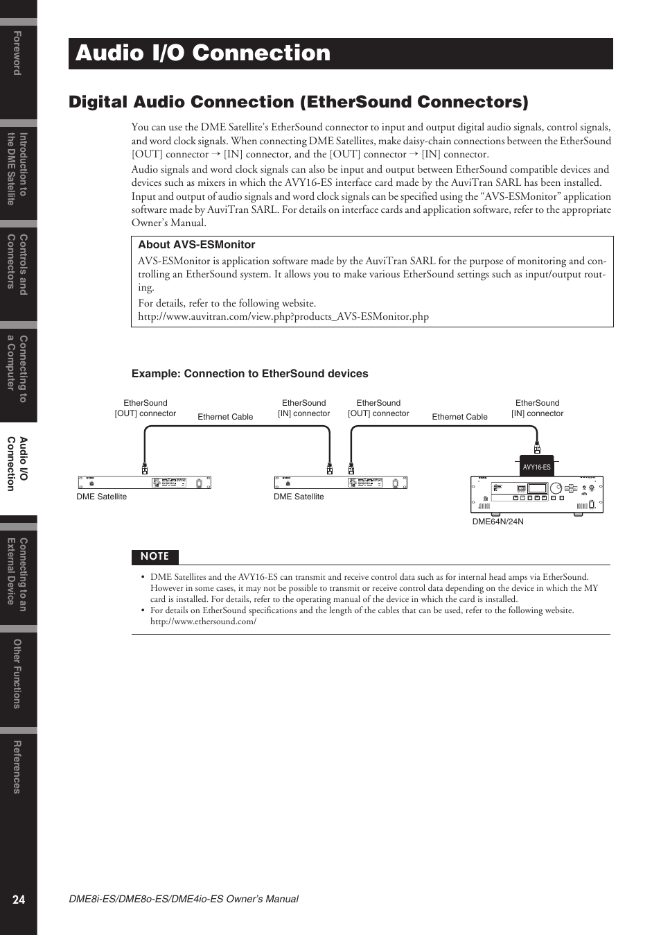 Audio i/o connection, Digital audio connection (ethersound connectors) | Yamaha DME8o-ES User Manual | Page 24 / 48
