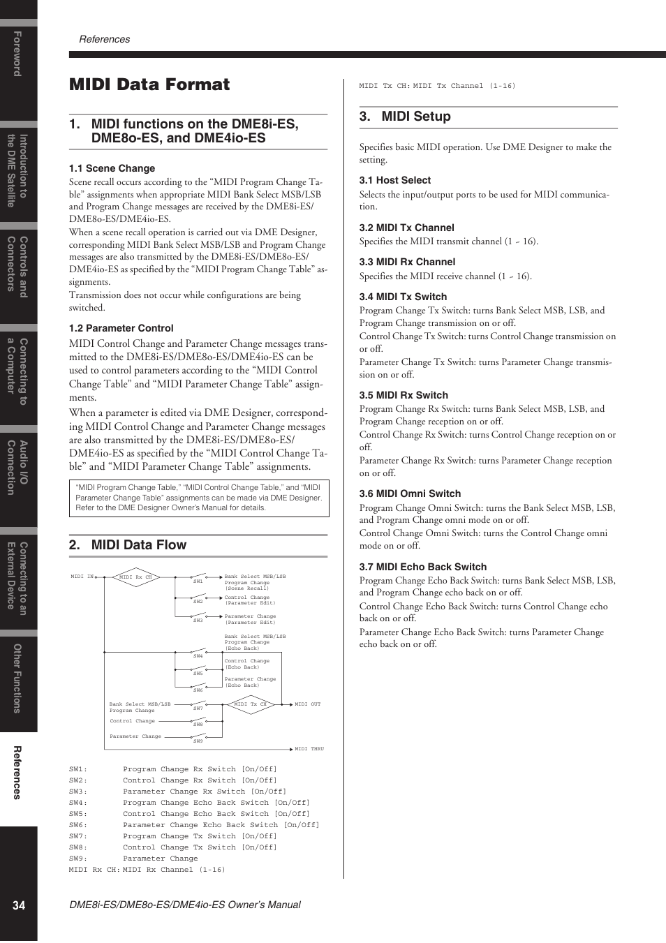 Midi data format, Midi data flow, Midi setup | Midi functions on the dme8i-es, dme8o-es, And dme4io-es, Midi data flow 3. midi setup | Yamaha DME8o-ES User Manual | Page 34 / 48
