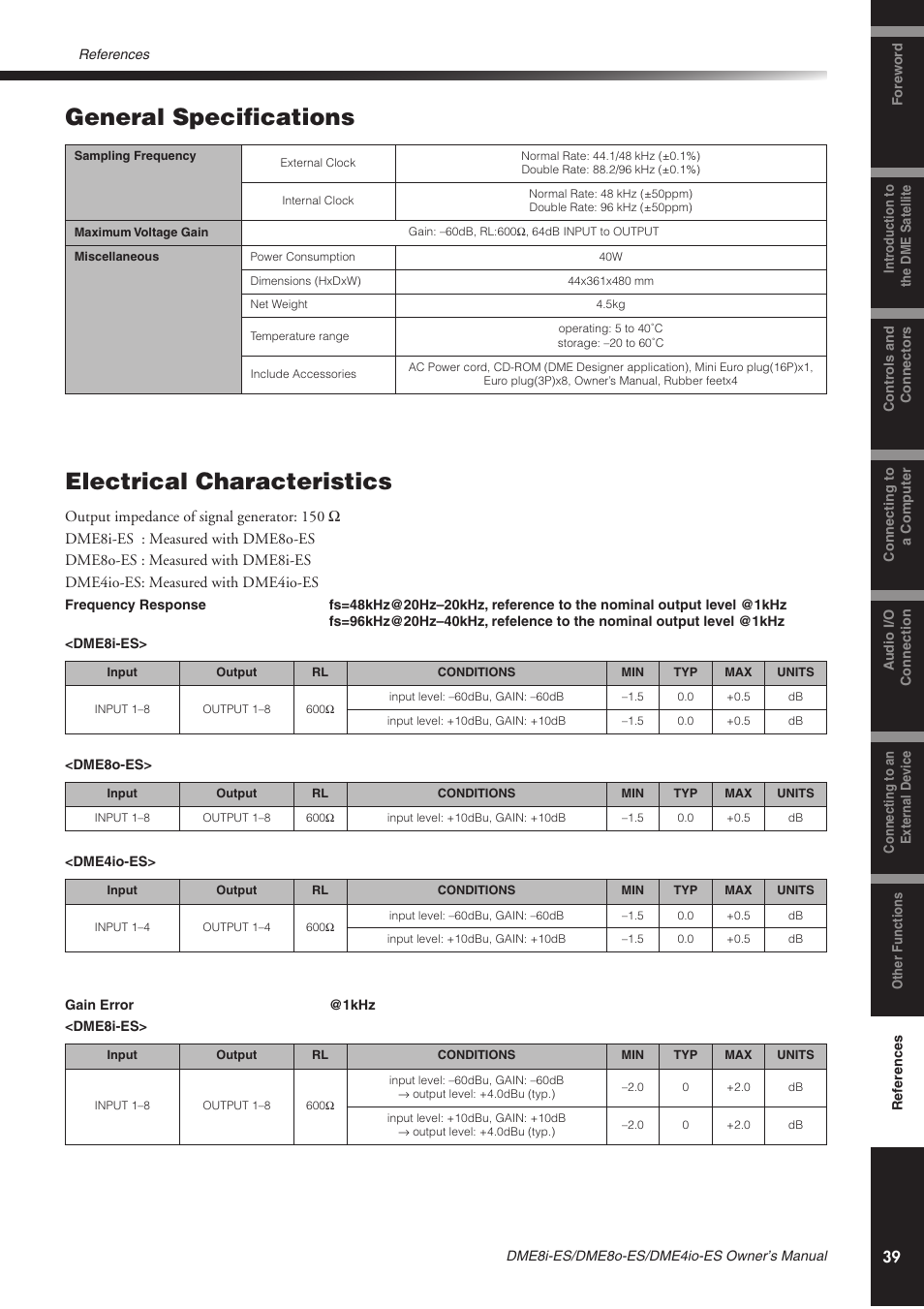General specifications, Electrical characteristics, General specifications electrical characteristics | Yamaha DME8o-ES User Manual | Page 39 / 48