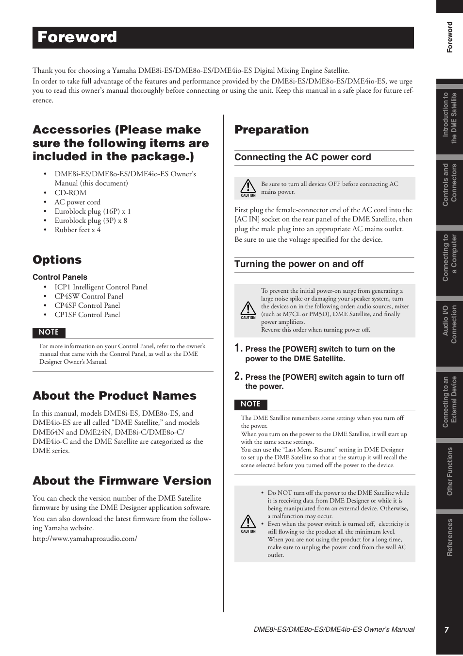 Foreword, Options, About the product names | About the firmware version, Preparation, Connecting the ac power cord, Turning the power on and off, Included in the package.) | Yamaha DME8o-ES User Manual | Page 7 / 48