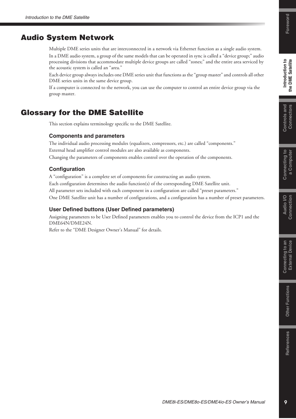 Audio system network, Glossary for the dme satellite | Yamaha DME8o-ES User Manual | Page 9 / 48