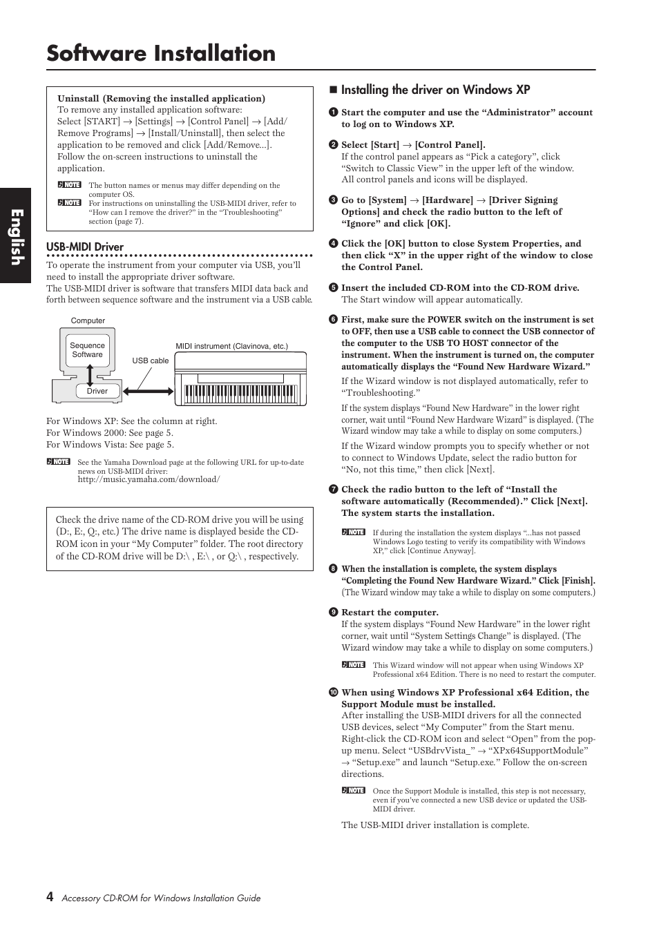 Software installation, English, Installing the driver on windows xp | Yamaha CLP-380  EU User Manual | Page 4 / 9