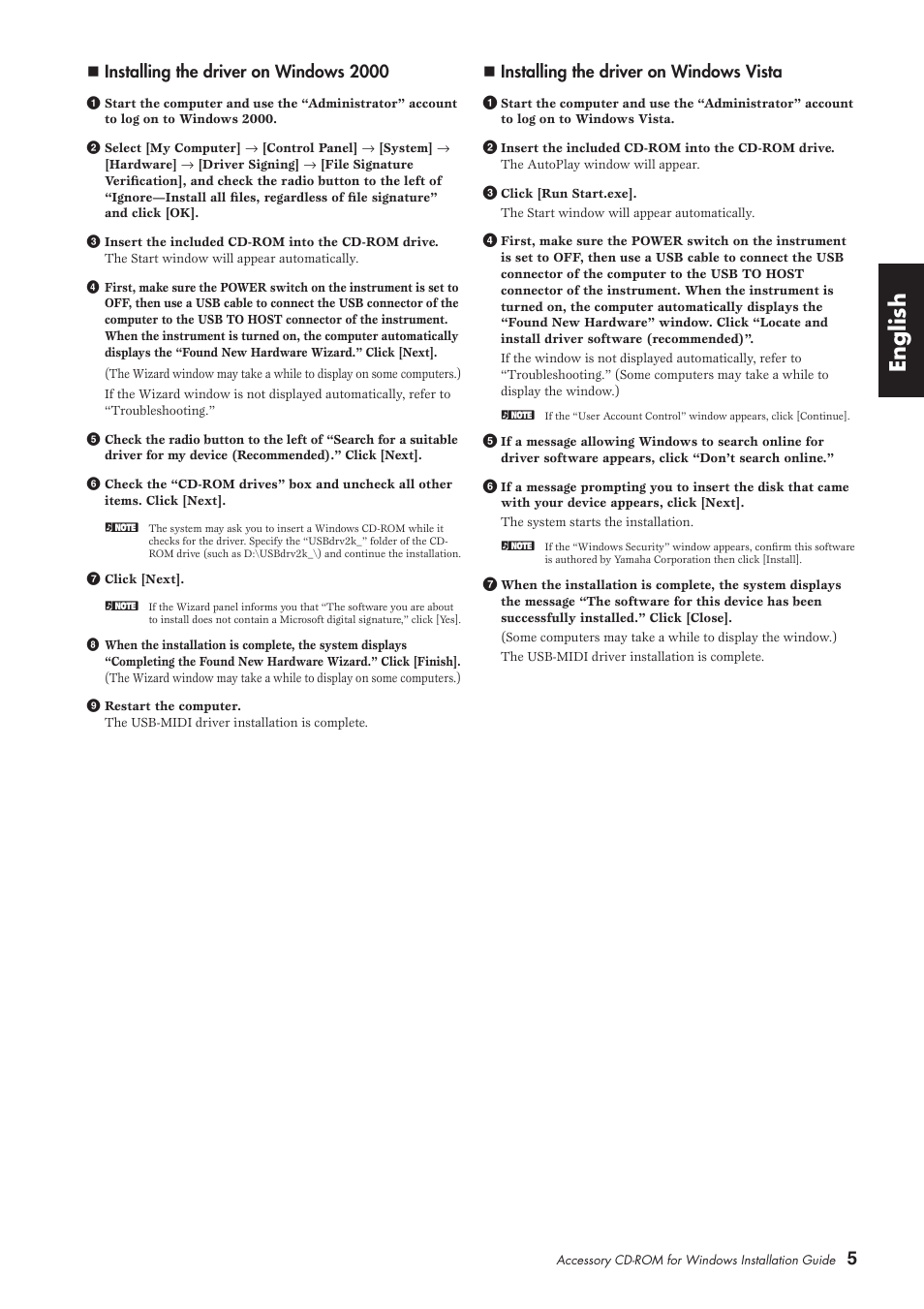 English, Installing the driver on windows 2000, Installing the driver on windows vista | Yamaha CLP-380  EU User Manual | Page 5 / 9