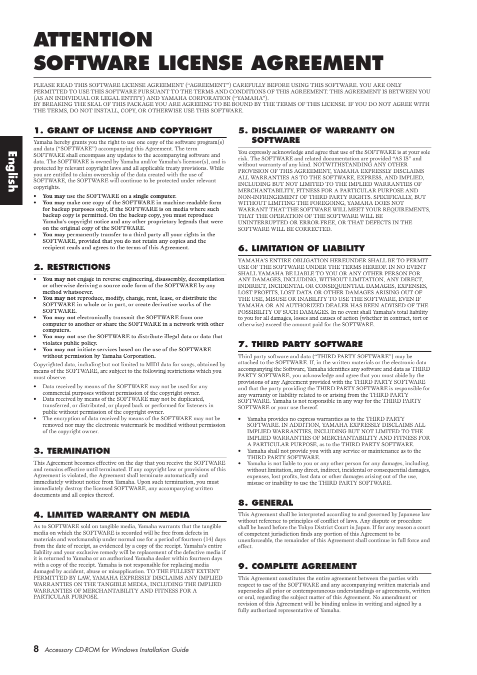 Attention software license agreement, English | Yamaha CLP-380  EU User Manual | Page 8 / 9