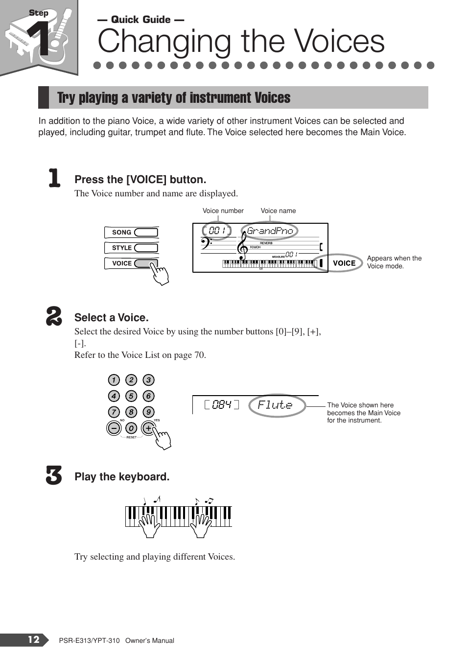 Quick guide, Step 1 changing the voices, Try playing a variety of instrument voices | Step 1, Changing the voices | Yamaha YPT-310 User Manual | Page 12 / 90