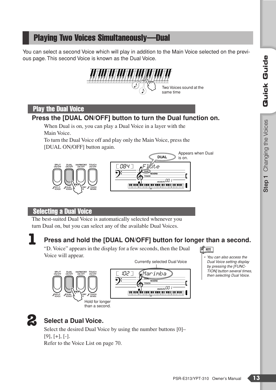 Playing two voices simultaneously-dual, Playing two voices simultaneously—dual, Play the dual voice selecting a dual voice | Yamaha YPT-310 User Manual | Page 13 / 90