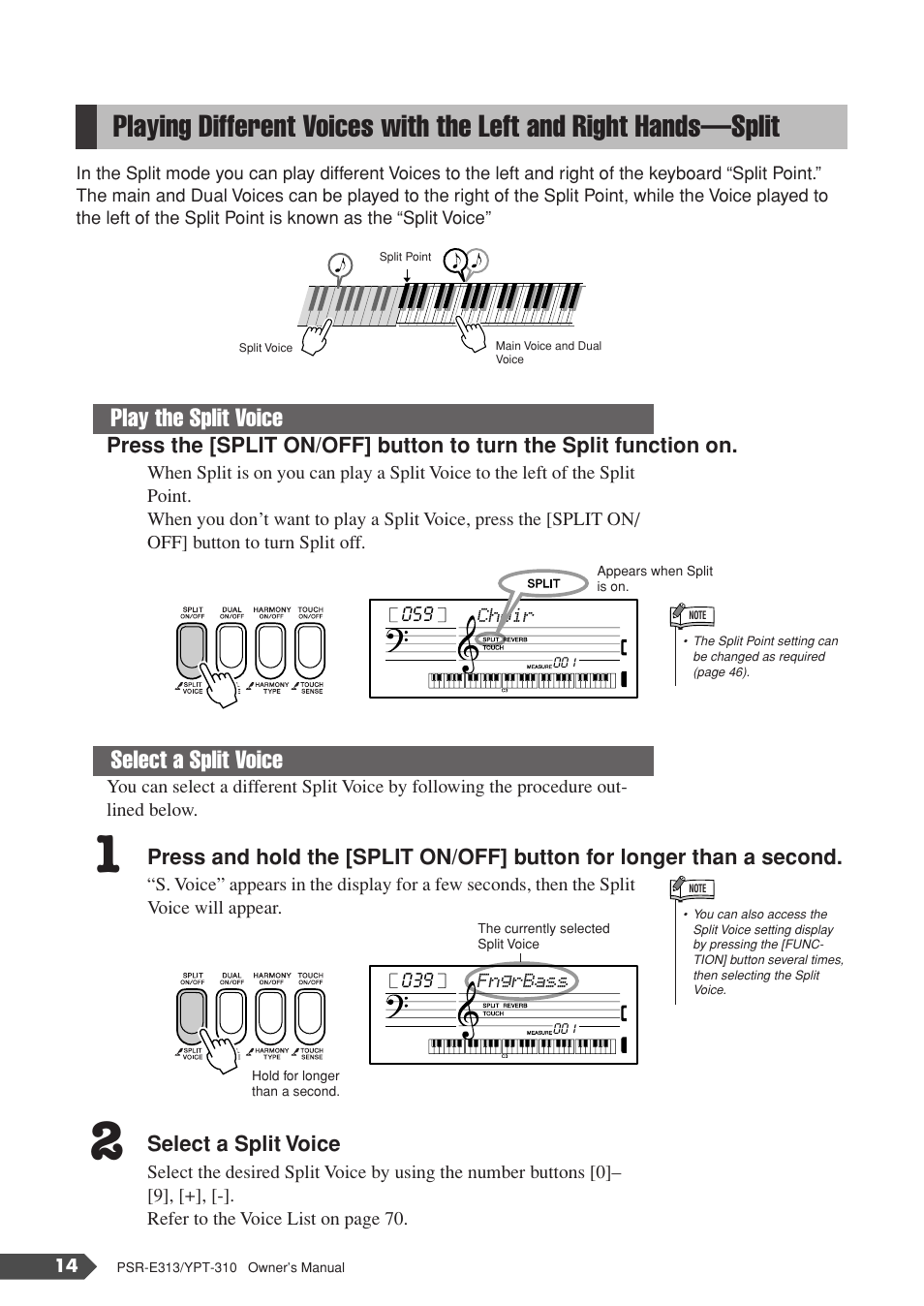 Playing different voices with the left and, Right hands—split, Play the split voice select a split voice | Yamaha YPT-310 User Manual | Page 14 / 90