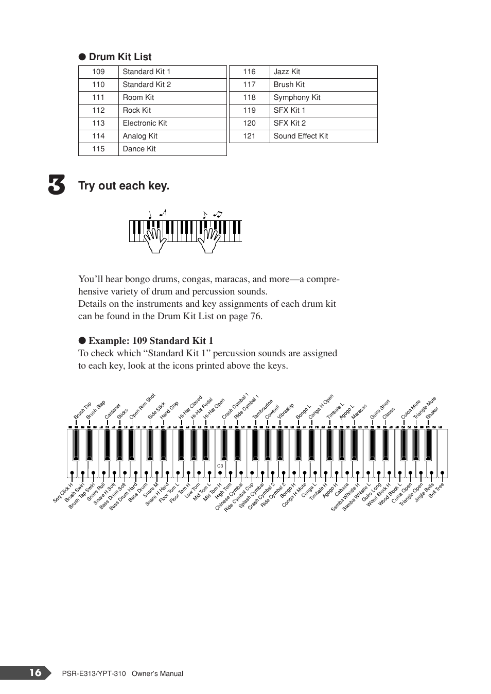 Try out each key, Drum kit list | Yamaha YPT-310 User Manual | Page 16 / 90