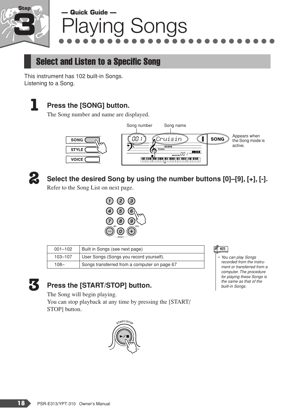 Step 3 playing songs, Select and listen to a specific song, Step 3 | Playing songs | Yamaha YPT-310 User Manual | Page 18 / 90