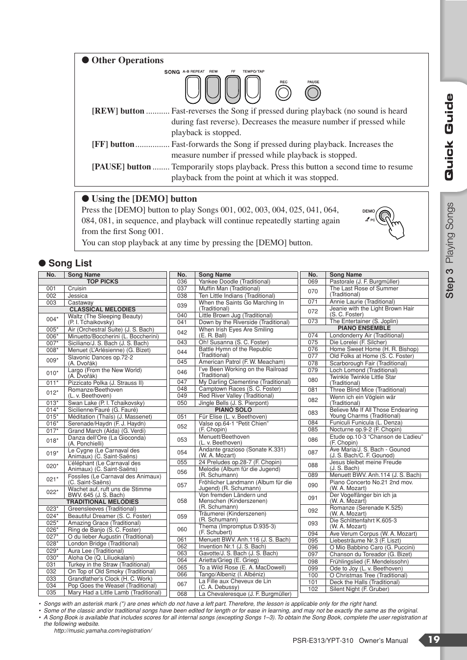 Quick guide, Step 3 playing songs, Song list | Other operations, Using the [demo] button | Yamaha YPT-310 User Manual | Page 19 / 90