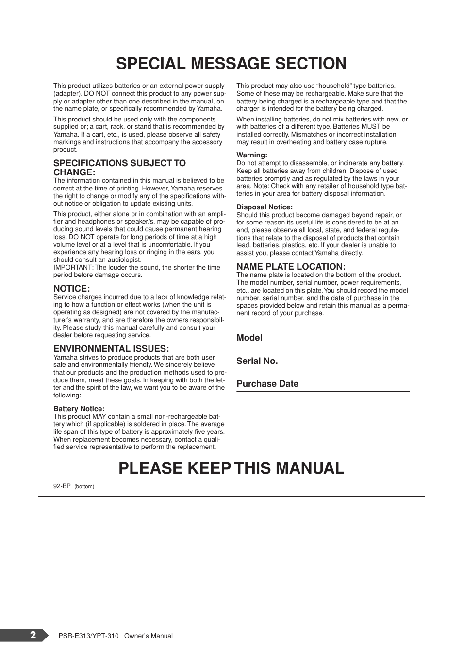 Please keep this manual | Yamaha YPT-310 User Manual | Page 2 / 90