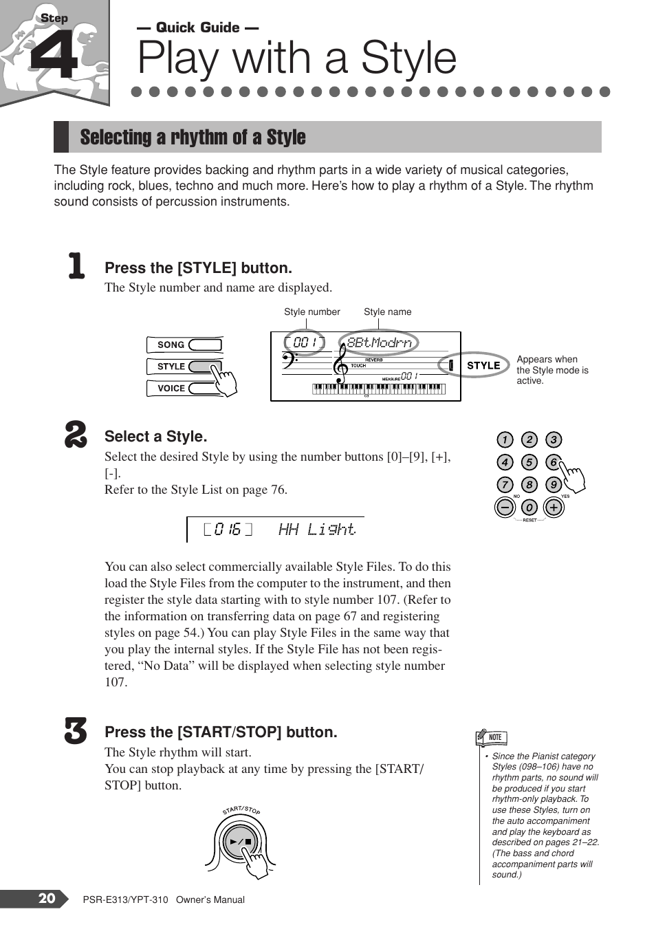 Step 4 play with a style, Selecting a rhythm of a style, Play with a style | Yamaha YPT-310 User Manual | Page 20 / 90
