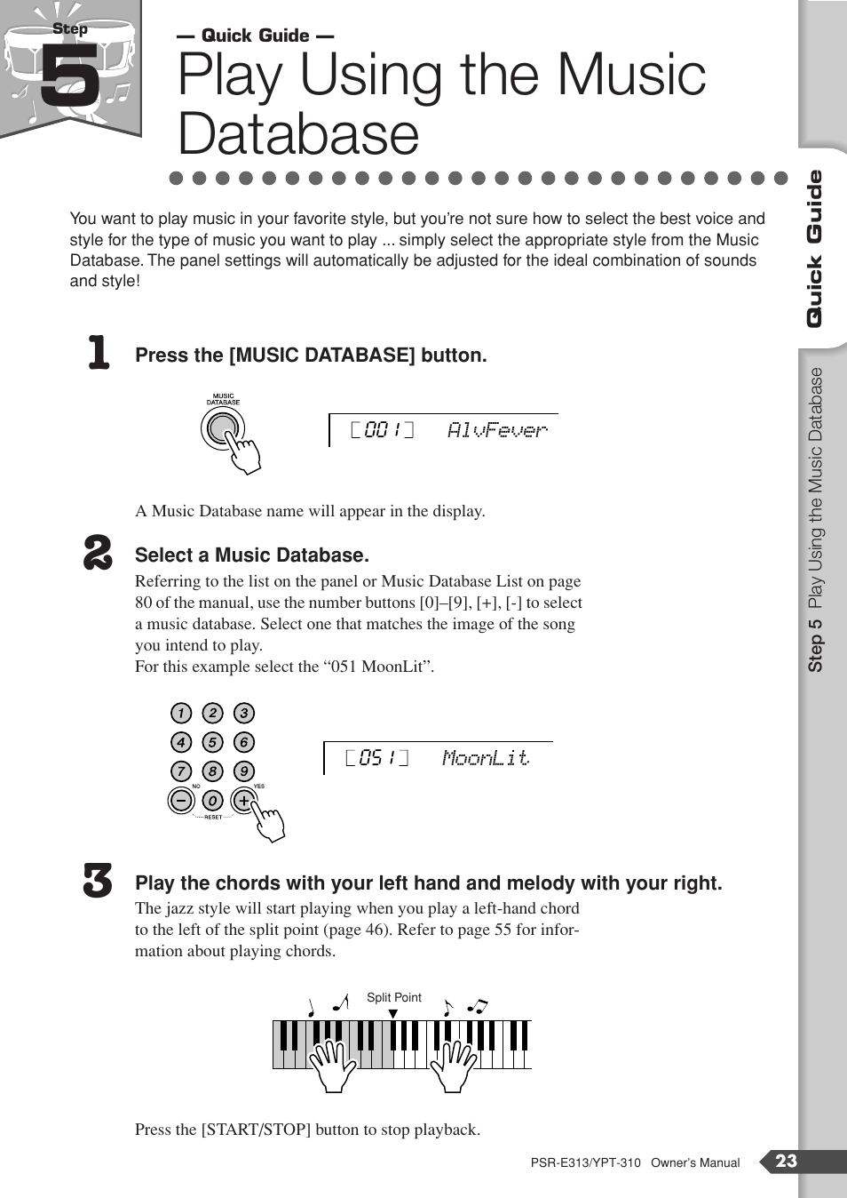 Step 5 play using the music database, Step 5, Play using the music database | Yamaha YPT-310 User Manual | Page 23 / 90