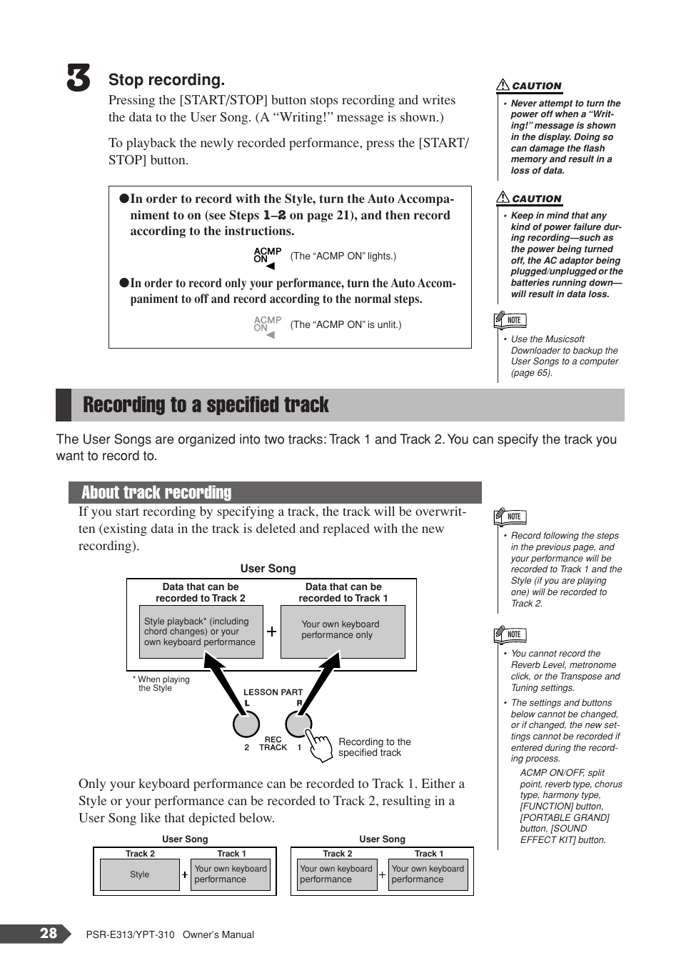 Recording to a specified track, About track recording, Stop recording | Yamaha YPT-310 User Manual | Page 28 / 90