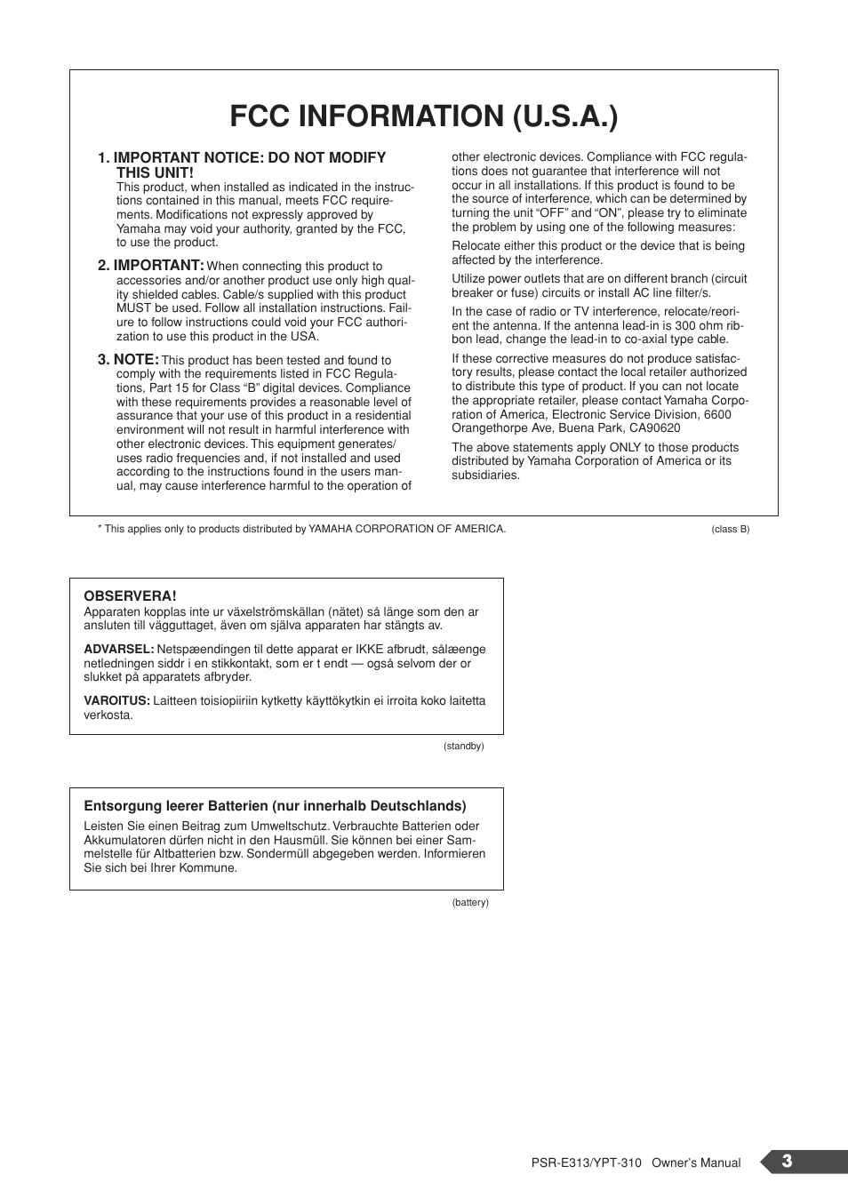 Fcc information (u.s.a.) | Yamaha YPT-310 User Manual | Page 3 / 90