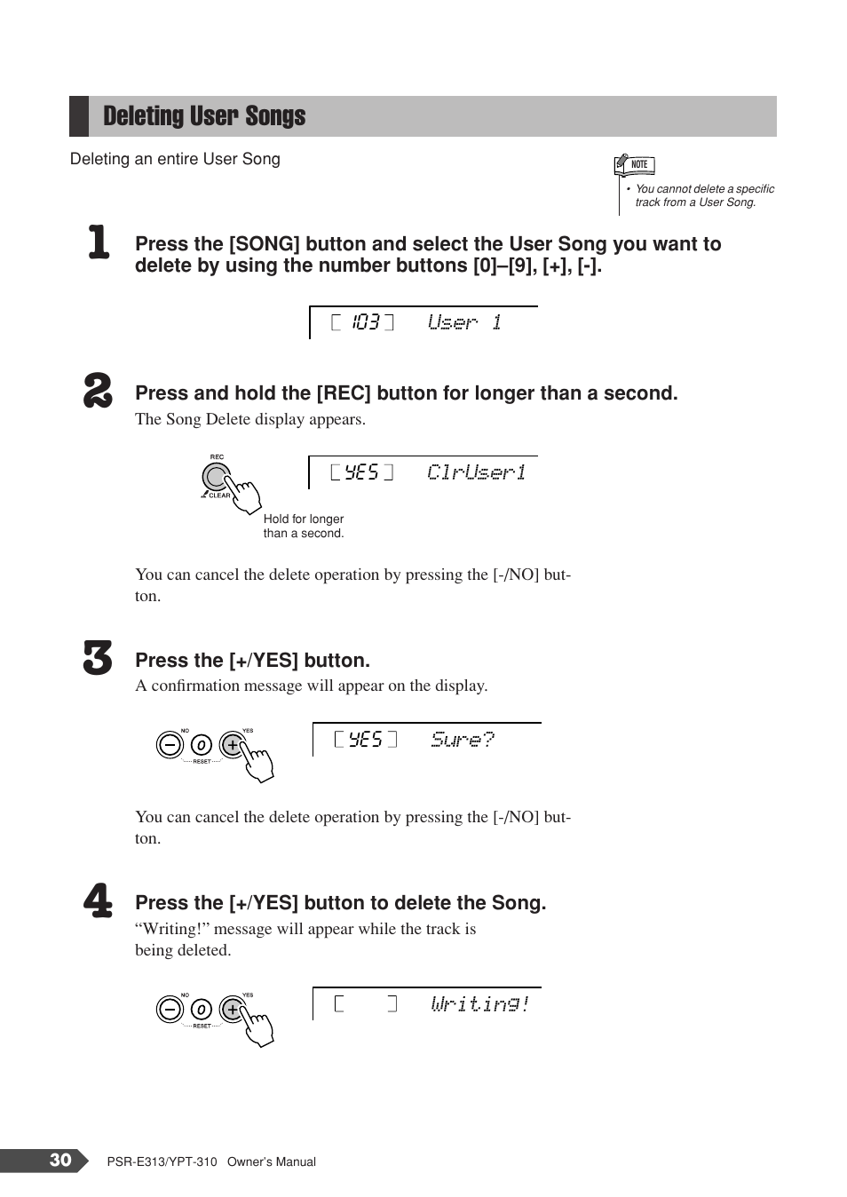 Deleting user songs | Yamaha YPT-310 User Manual | Page 30 / 90