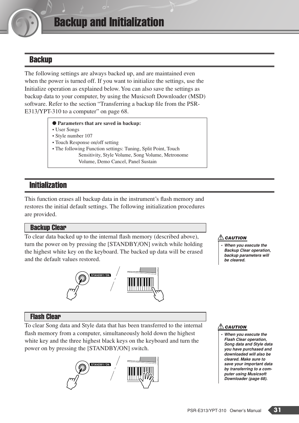 Backup and initialization, Backup, Initialization | Backup initialization, Backup clear flash clear | Yamaha YPT-310 User Manual | Page 31 / 90