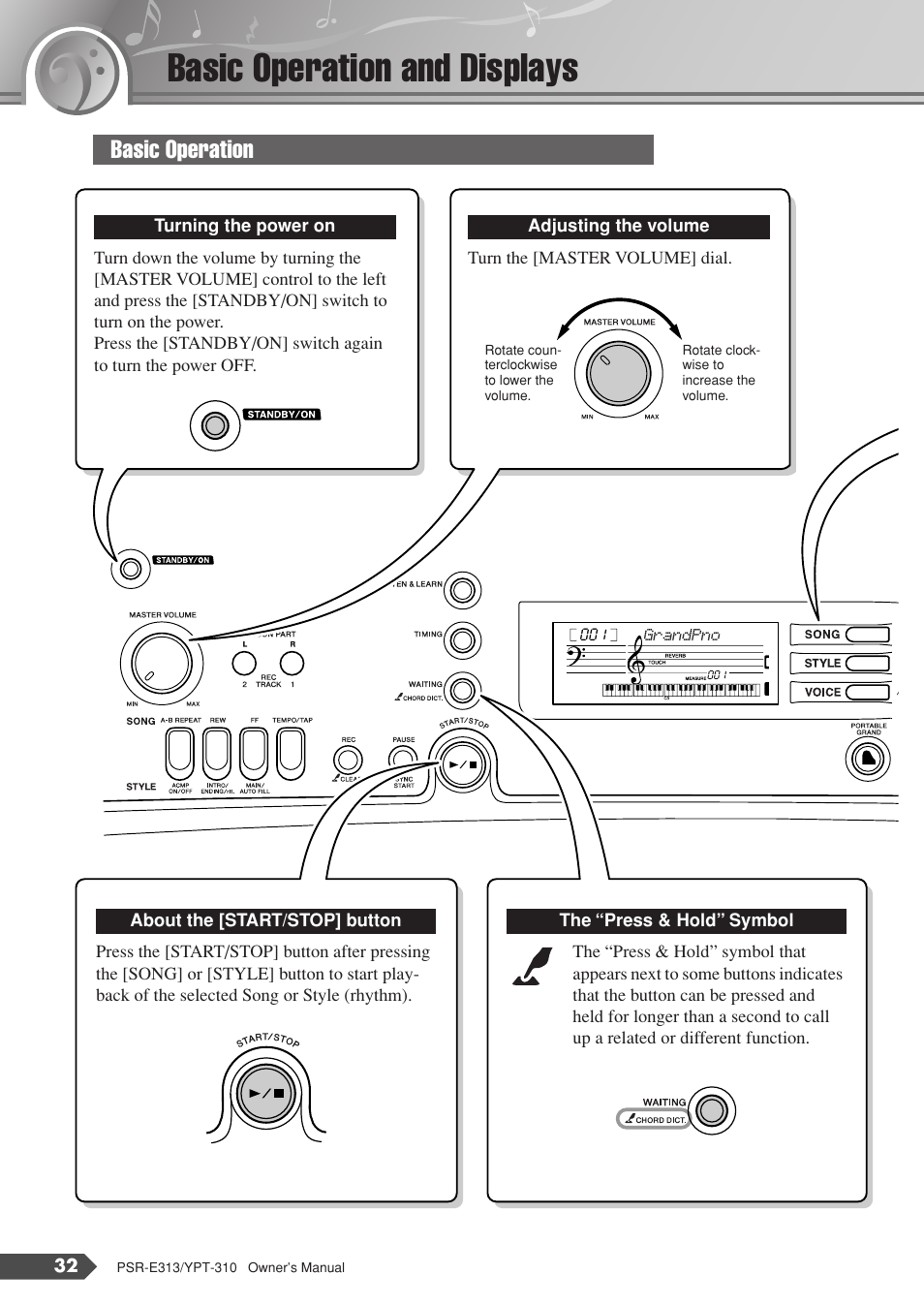 Basic operation and displays, Basic operation | Yamaha YPT-310 User Manual | Page 32 / 90