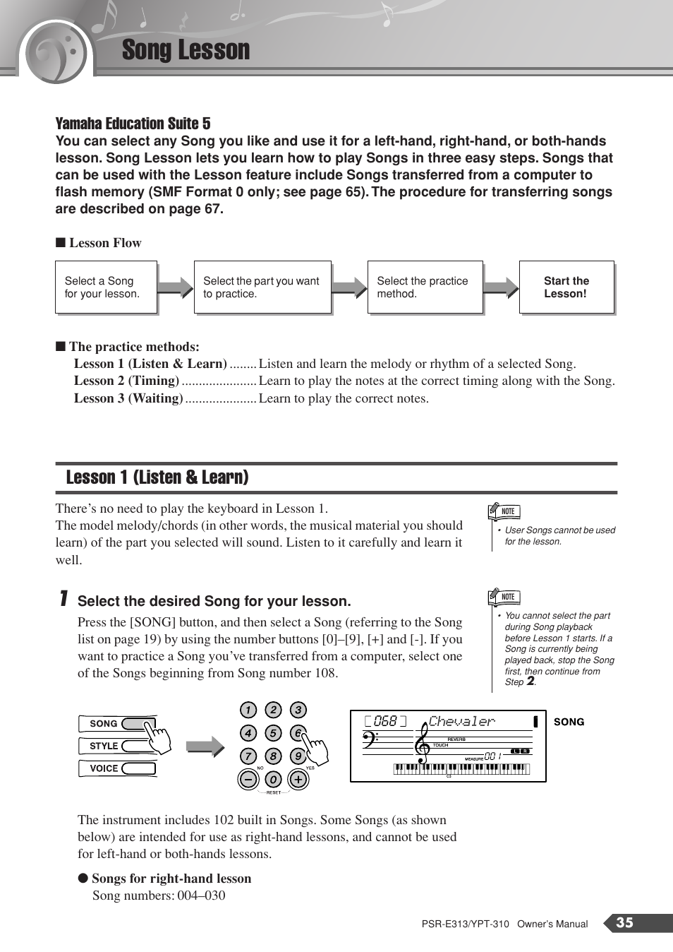 Song lesson, Lesson 1 (listen & learn), Yamaha education suite 5 | Yamaha YPT-310 User Manual | Page 35 / 90