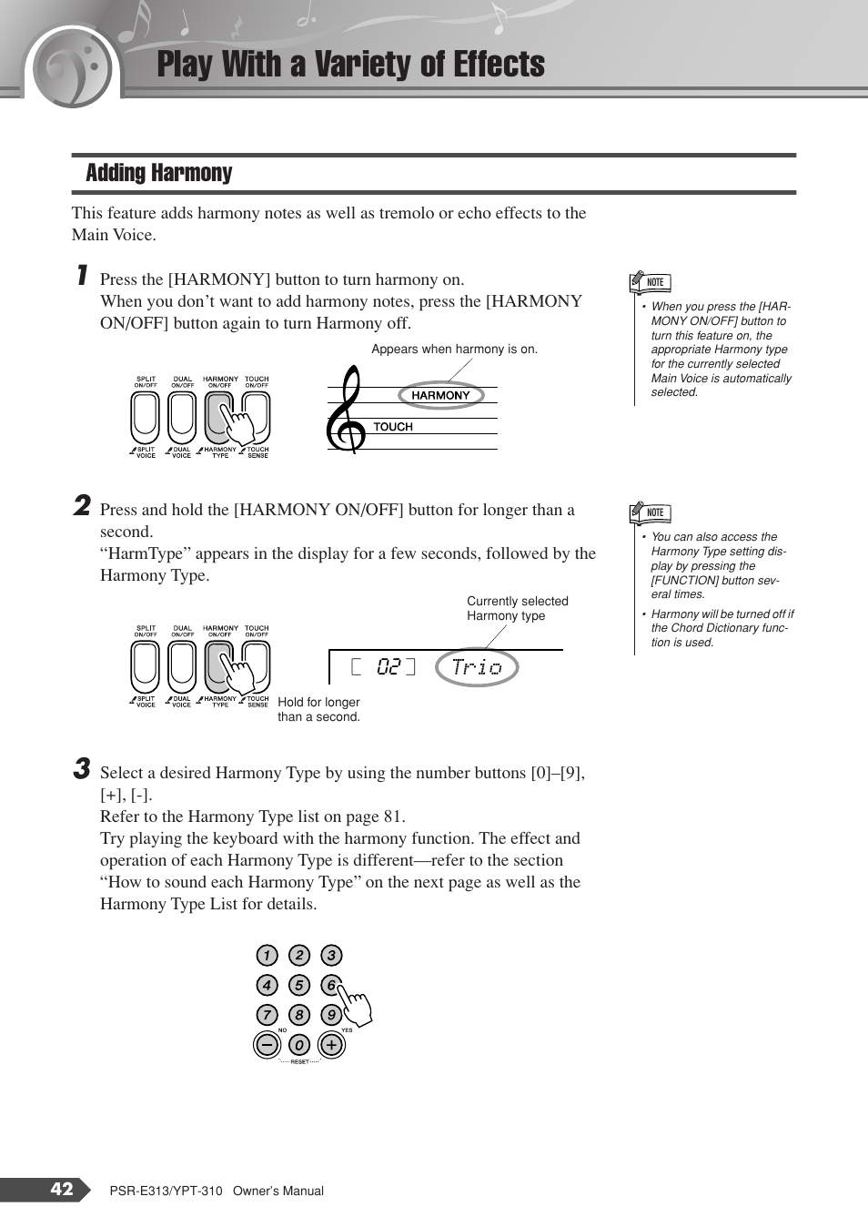 Play with a variety of effects, Adding harmony, Trio 02 | Yamaha YPT-310 User Manual | Page 42 / 90