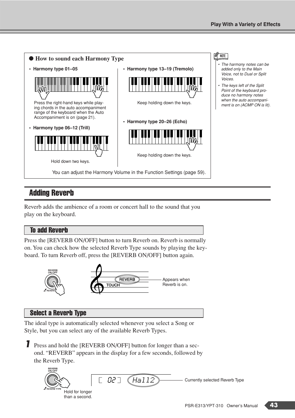 Adding reverb, Hall2 02 | Yamaha YPT-310 User Manual | Page 43 / 90