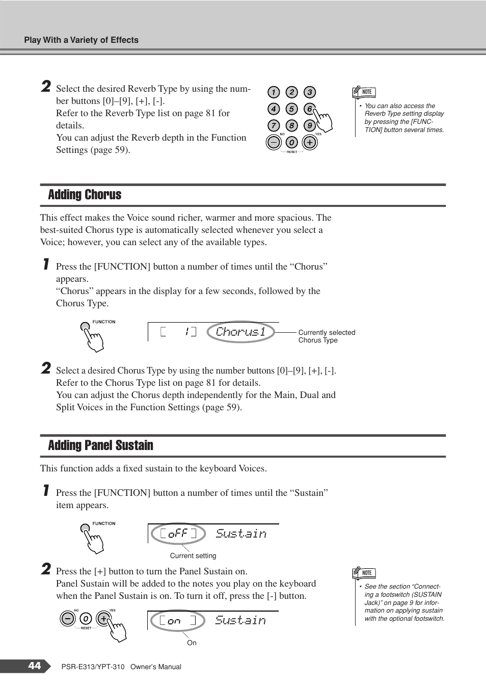 Adding chorus, Adding panel sustain, Adding chorus adding panel sustain | Yamaha YPT-310 User Manual | Page 44 / 90