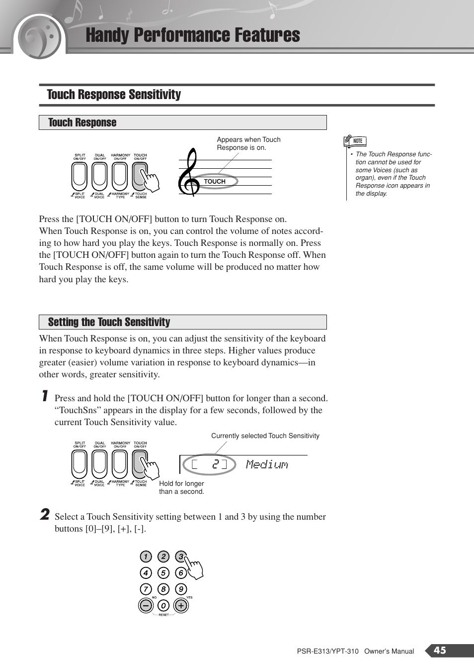 Handy performance features, Touch response sensitivity, Touch response setting the touch sensitivity | Yamaha YPT-310 User Manual | Page 45 / 90