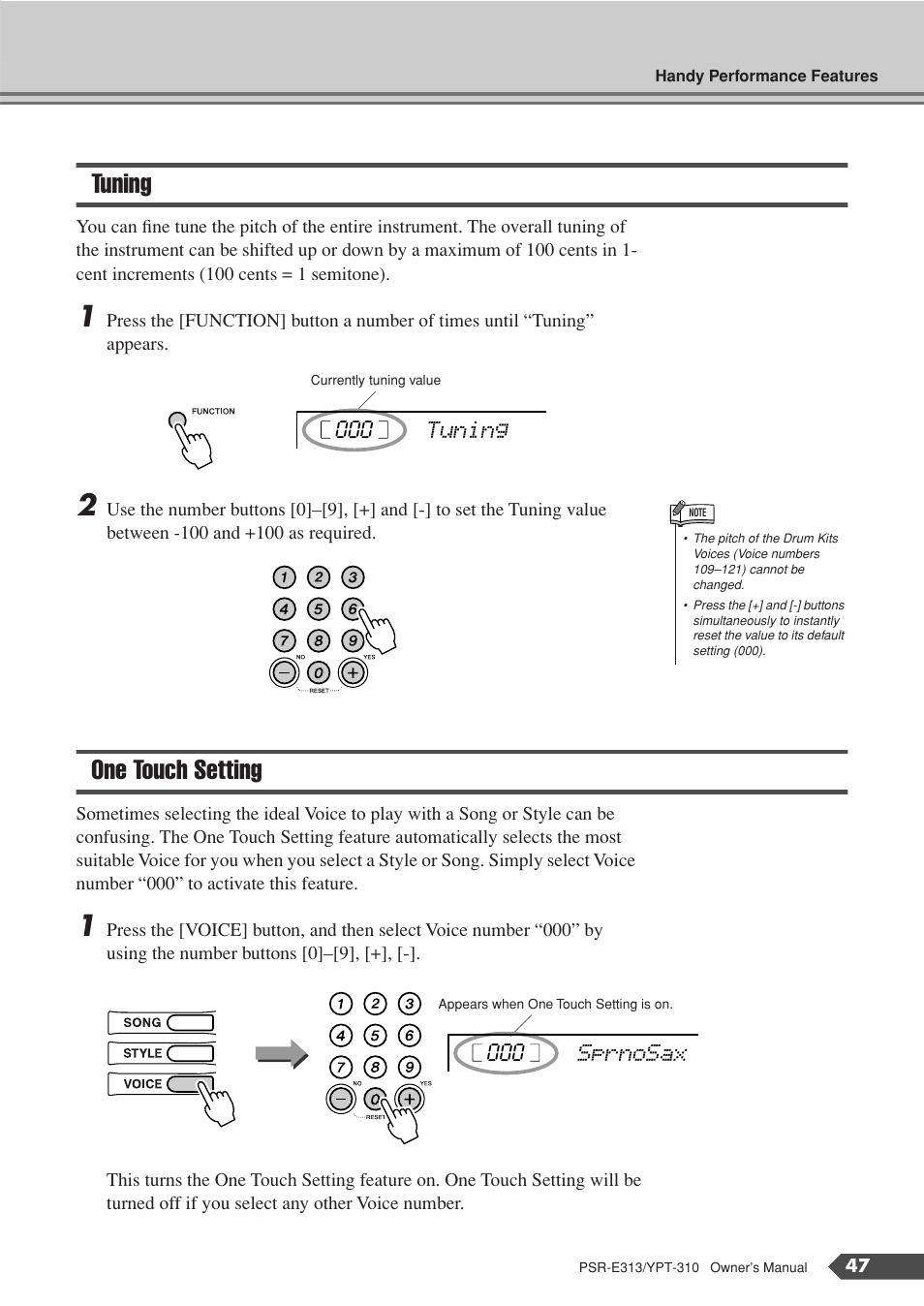 Tuning, One touch setting, Tuning one touch setting | Yamaha YPT-310 User Manual | Page 47 / 90