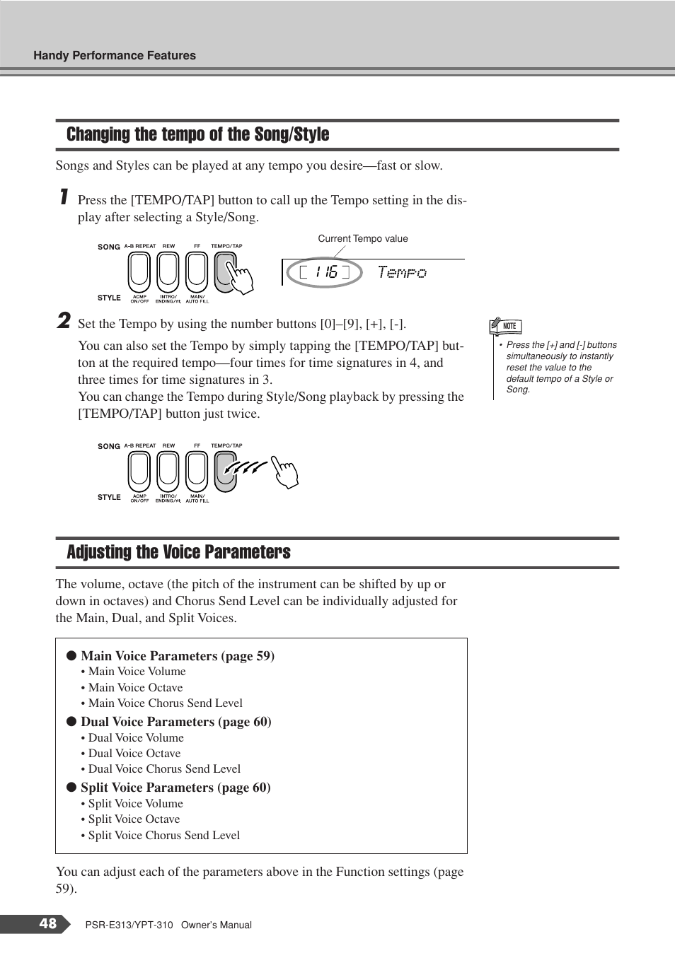 Changing the tempo of the song/style, Adjusting the voice parameters | Yamaha YPT-310 User Manual | Page 48 / 90